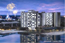 Bay Lake Tower proposed rendering – exterior night
Blow Tinker Bell a kiss goodnight from your fully furnished vacation villa at Disney Vacation Club's newest resort, Bay Lake Tower at Disney's Contemporary Resort, scheduled to open fall 2009. Artist Concept - proposed ©Disney
